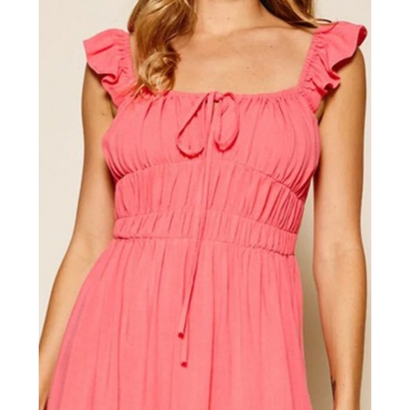 40 Coral round neck elastic smocked waist tiered flowy babydoll dress - Picture 4 of 8